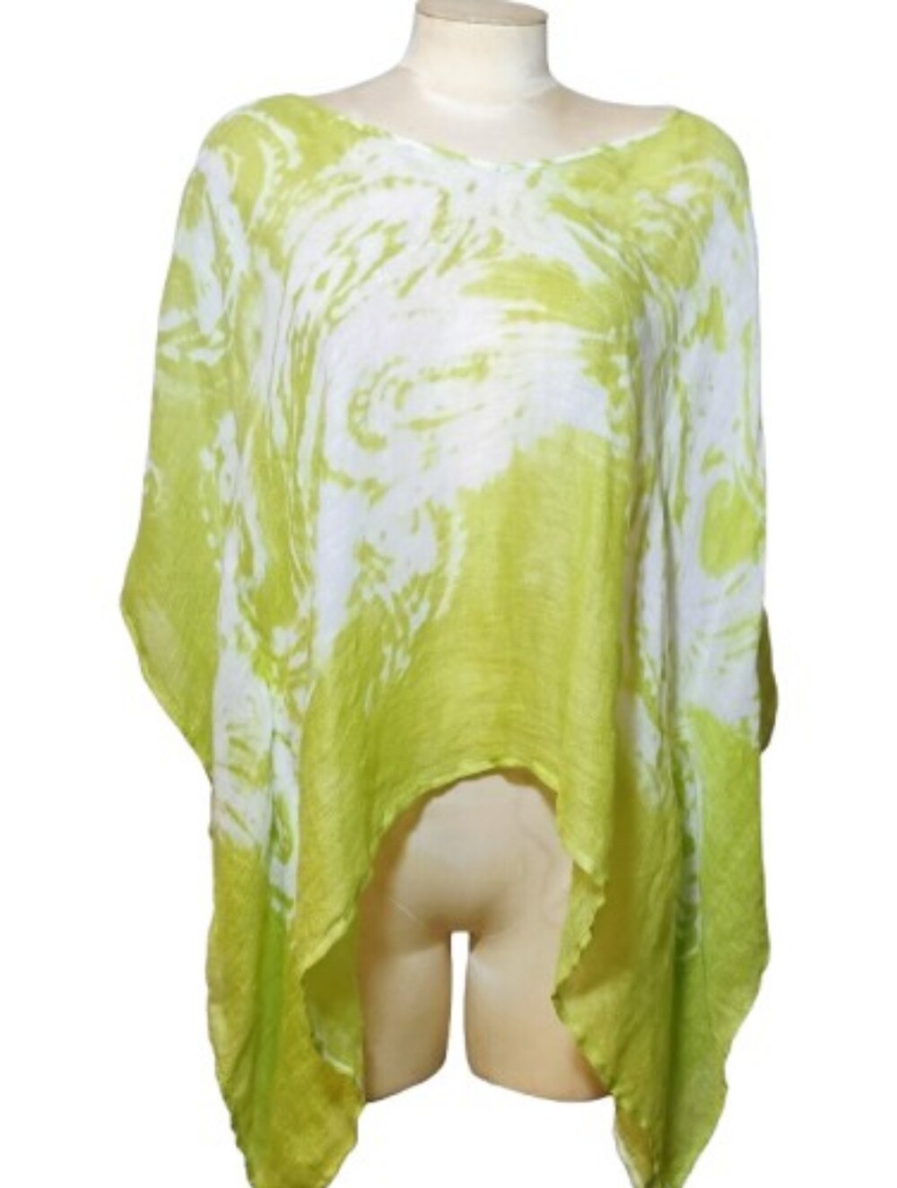 Chico’s Linen Poncho Top L/XL Lime Green White Floral Asymmetrical Oversize